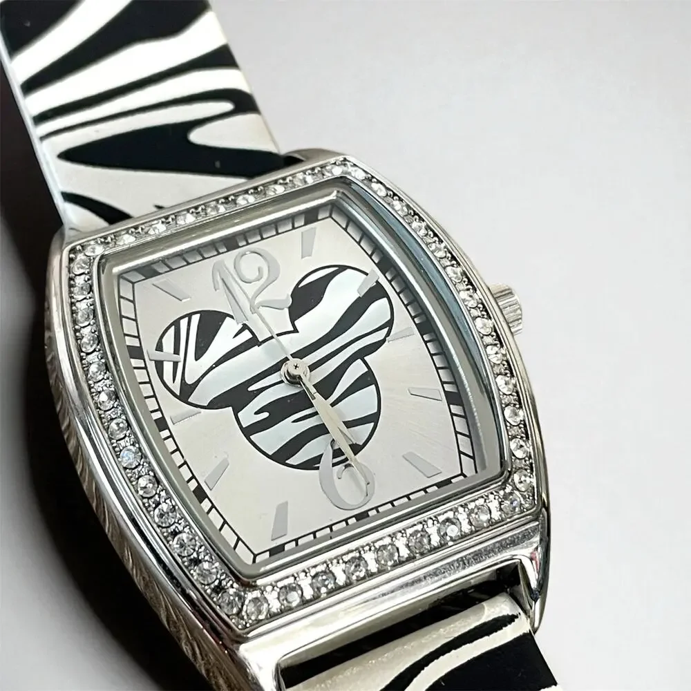 Mickey Mouse Disney Zebra Print Crystal Analog Women’s Petite Wrist Watch 8”
